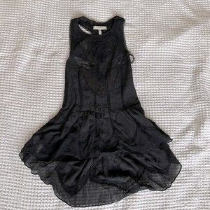 BCBGMAXAZRIA Runway Safina 100% Silk Lace Top XS Black High Low Peplum